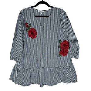 Moa Moa Striped Tunic Top 3D Red Roses Embroidery Casual Flounce Size 1X boho